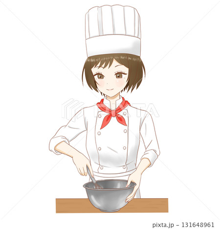 ボウルで材料を混ぜる女性パティシエのキャラクター ボウルで材料を混ぜる女性パティシエのキャラクター 131648961
