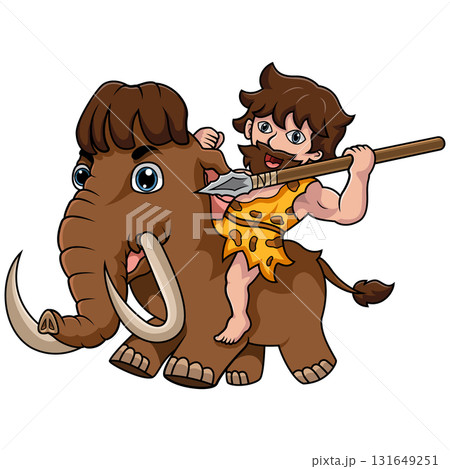 Cartoon young caveman riding mammoth 131649251