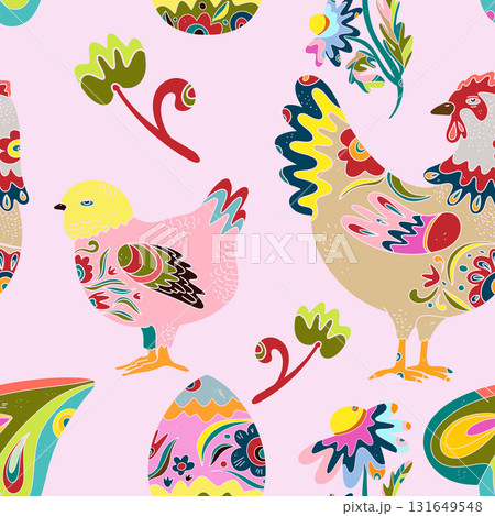 Whimsical folk art. A seamless pattern in a naive, fairytale style with a rich color palette, rustic comfort, holiday spirit, and nature. Easter motifs. Whimsical folk art. A seamless pattern in a naive, fairytale style with a rich color palette, rustic comfort, holiday spirit, and nature. Easter motifs. 131649548