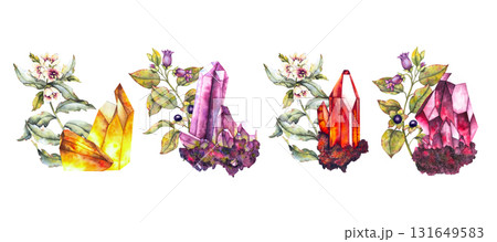 Watercolor set of mystical crystal compositions with poisonous plants citrine and henbane, amethyst and belladonna, ruby and henbane, garnet and belladonna. for esoteric design and magical branding. 131649583