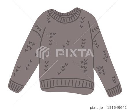 Cozy hand drawn knitted sweater in warm tone with simple decorative pattern, isolated on white background. Concept of comfort, autumn and hygge lifestyle 131649641