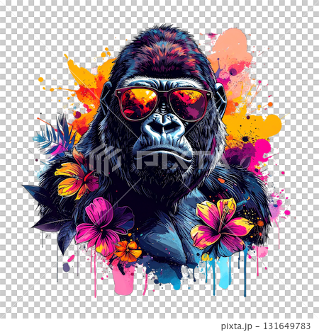 A cool gorilla wearing sunglasses, adorned with floral and paint splash elements for a vibrant, modern, urban look. Wild Animals. A cool gorilla wearing sunglasses, adorned with floral and paint splash elements for a vibrant, modern, urban look. Wild Animals. 131649783