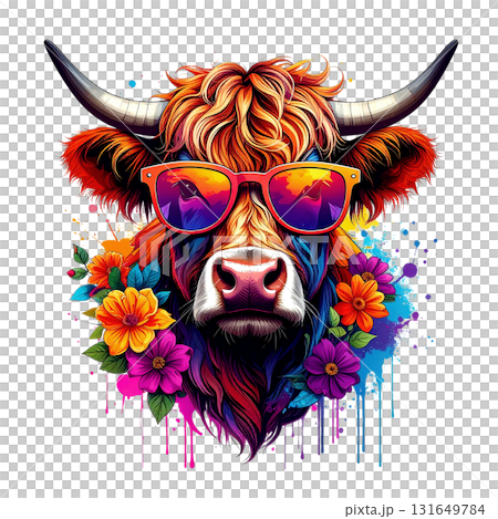 A fun, vibrant illustration of a shaggy Highland cow wearing stylish sunglasses and surrounded by bright flowers and paint splatters. 131649784