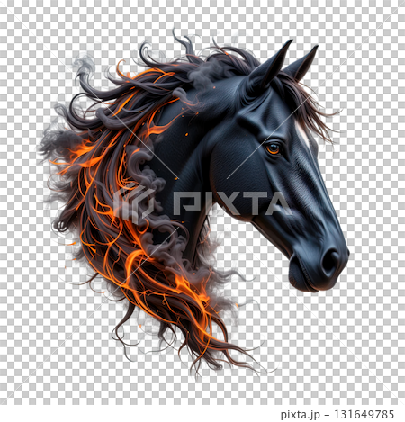 A striking illustration of a powerful black horse head with its mane and forelock morphing into smoke and fire/orange flames. 131649785