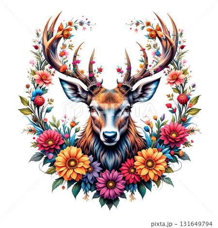 Detailed illustration of a majestic stag or deer head with large antlers, framed by a wreath of vibrant flowers. wild animals. 131649794