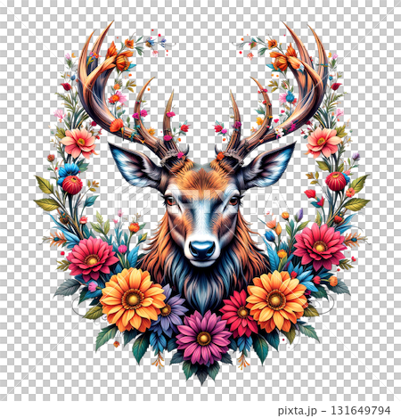 Detailed illustration of a majestic stag or deer head with large antlers, framed by a wreath of vibrant flowers. wild animals. 131649794