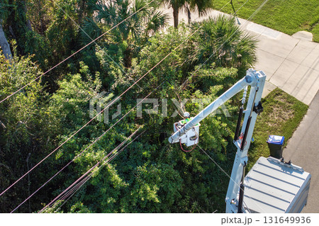 Aerial view of electrician utility worker trimming tree branches around power lines in Florida suburban area Aerial view of electrician utility worker trimming tree branches around power lines in Florida suburban area 131649936