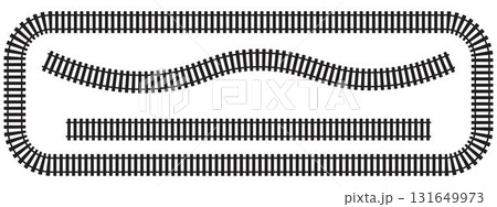 Set of railroad elements top view. Train track straight and waved path, rectangle frame isolated on white background. Fence or ladder textures. Vector graphic illustration Set of railroad elements top view. Train track straight and waved path, rectangle frame isolated on white background. Fence or ladder textures. Vector graphic illustration 131649973