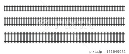 Set of railroad segments. Rail road elements top view. Train track straight lines isolated on white background. Fence or stairs texture. Vector graphic illustration 131649981