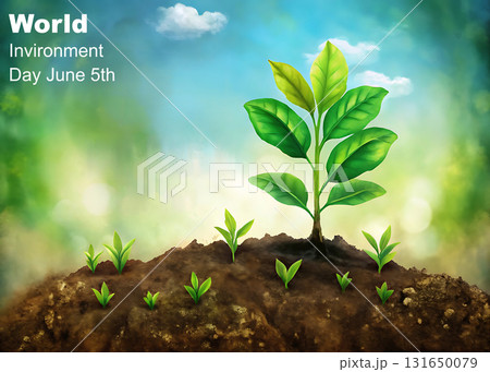World Environment Day Concept with Growing Seedlings in Soil and Blue Sky June 5th illustration World Environment Day Concept with Growing Seedlings in Soil and Blue Sky June 5th illustration 131650079
