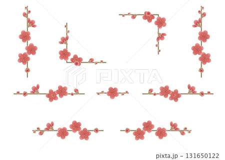 紅梅のライン素材セット｜梅の花, 枝, 飾り罫, 和風, 春, ベクター 131650122