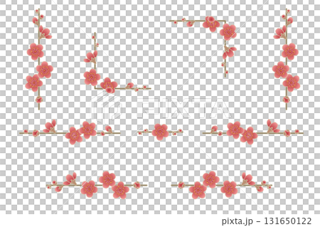 紅梅のライン素材セット｜梅の花, 枝, 飾り罫, 和風, 春, ベクター 131650122