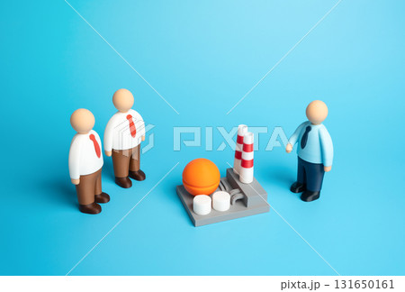 A businessman discusses a power plant or chemical plant project with investors. Concept of industrial development, green energy transition, infrastructure investment, and strategic project planning. A businessman discusses a power plant or chemical plant project with investors. Concept of industrial development, green energy transition, infrastructure investment, and strategic project planning. 131650161