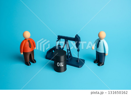 Traders negotiate the production and sale of oil. Increased oil production, cartel agreement. Concept of energy markets, geopolitics, OPEC influence, and global trade strategies in the oil sector. 131650162