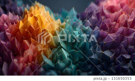 Colorful low poly abstract with geometric triangles and 3D faceted texture. Perfect for modern design, tech backgrounds, and branding visuals. 131650353