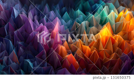 Colorful low poly abstract with geometric triangles and 3D faceted texture. Perfect for modern design, tech backgrounds, and branding visuals. 131650375