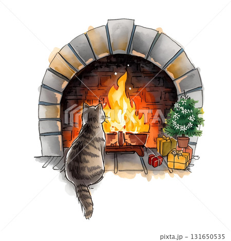 暖炉とプレゼントと猫の温かいクリスマスの夜のイラスト素材