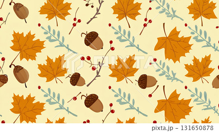 シームレス秋の葉とドングリ＆ベリーのパターン｜ナチュラルデザイン 131650878