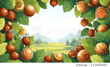 栗のフレームと秋の風景｜ナチュラルで温もりある背景 131650885