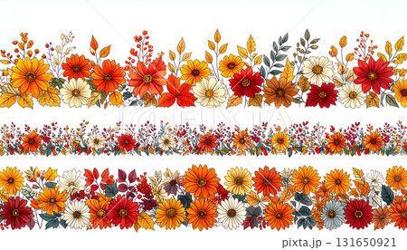 鮮やかな秋の花々をあしらったラインボーダーセット 131650921