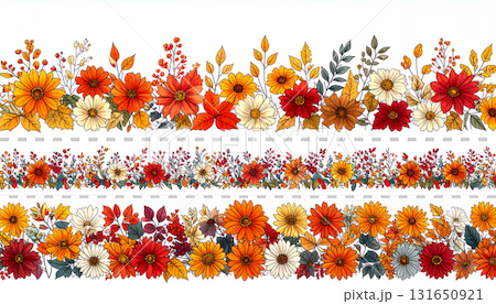 鮮やかな秋の花々をあしらったラインボーダーセット 131650921