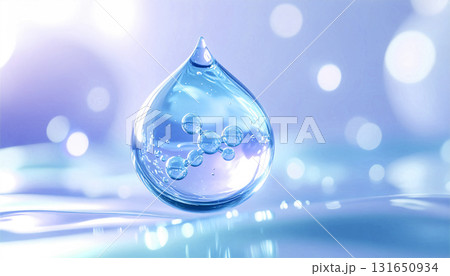 青い美容液の水滴に包まれた保湿成分の分子構造 131650934