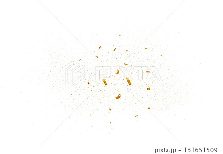 Gold particle confetti with shine. Bright golden festive tinsel for carnival party, glitter dot dust holiday event, surprise birthday. Vector dynamic small particles flow for Christmas celebration Gold particle confetti with shine. Bright golden festive tinsel for carnival party, glitter dot dust holiday event, surprise birthday. Vector dynamic small particles flow for Christmas celebration 131651509
