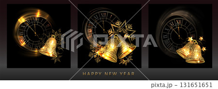 Merry Christmas. Gold textured clock with bells, isolated set 131651651