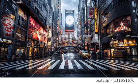 Bustling urban street with neon lights and crosswalk in rainy cityscape Bustling urban street with neon lights and crosswalk in rainy cityscape 131651676
