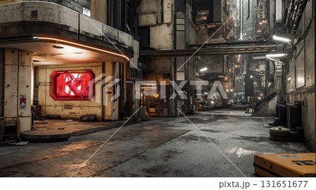 Futuristic urban alley with neon lights and industrial architecture Futuristic urban alley with neon lights and industrial architecture 131651677