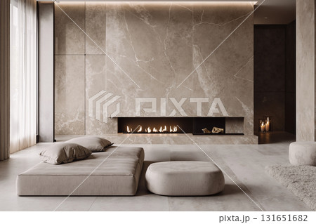 Minimalist modern living room with beige sofas and elegant marble fireplace in spacious open interior design 131651682