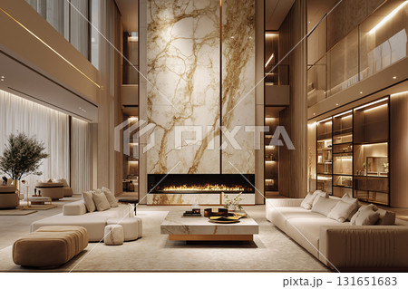 Luxury modern living room with marble fireplace and plush seating in elegant interior design 131651683