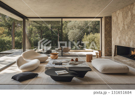Modern minimalist living room with large windows and forest view 131651684