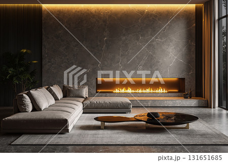 Elegant modern living room with minimalist design and cozy fireplace ambiance 131651685