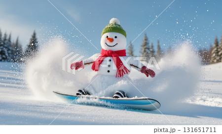 Snowman joyfully snowboarding in winter wonderland with snow-covered trees on Christmas 131651711