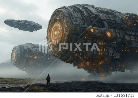 Massive futuristic spaceships hovering above misty landscape with lone observer Massive futuristic spaceships hovering above misty landscape with lone observer 131651713
