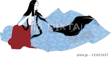 日本の伝統民族衣装。薄衣の袿姿の女性のイラスト。 131651837