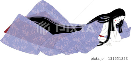 日本の伝統民族衣装。薄衣の袿姿で寝そべる女性のイラスト。 131651838