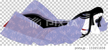 日本の伝統民族衣装。薄衣の袿姿で寝そべる女性のイラスト。 131651838