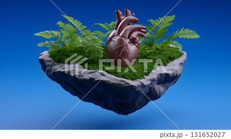 Floating heart-shaped garden with lush vegetation suspended in the sky Floating heart-shaped garden with lush vegetation suspended in the sky 131652027