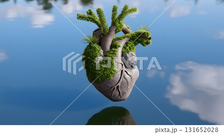 Floating garden shaped like a human heart symbolizing the connection between nature and humanity. 131652028
