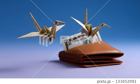 Origami birds taking flight from a wallet 131652091