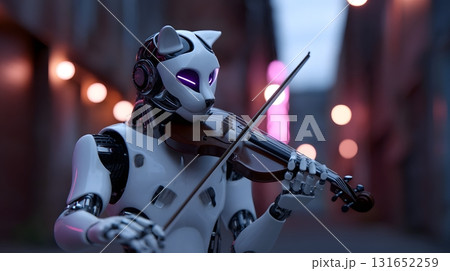 Robotic cat playing the violin in a futuristic city alley. 131652259