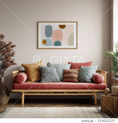 Boho living room interior with a wooden sofa, colorful decorative pillows, a neutral rug Boho living room interior with a wooden sofa, colorful decorative pillows, a neutral rug 131652525