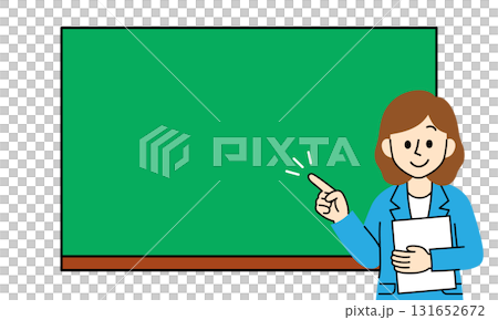 一位身穿西裝的女士指著黑板解釋 131652672