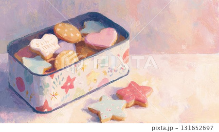 花柄缶とカラフルな星型クッキー 明るいパステルイラスト 131652697
