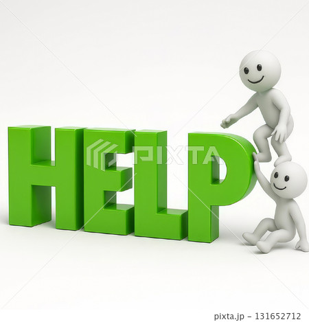 Minimal 3D illustration of the word help in bold green letters with two characters climbing and giving a hand. Metaphor for teamwork, support, assistance, customer care and community aid on a clean 131652712
