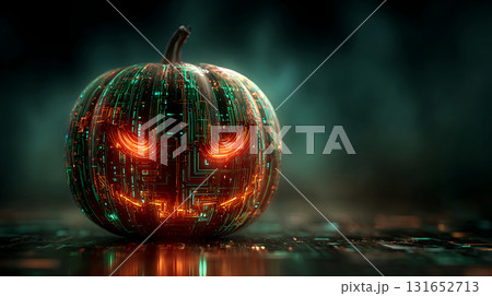 Digital Halloween. Creepy pumpkin smile in electronic circuit board. Halloween, cyber security and virus concept 131652713