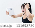 体重計を持ち頭を抱える女性　体を鍛えてるかっこいい女性　ダイエット　白バック　 131652720