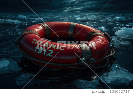 TITANIC 1912 life buoy floating on arctic sea night 131652737